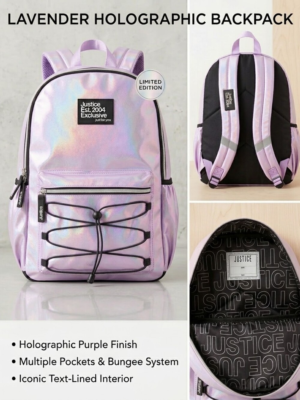 Justice Lavender Holographic Kids Backpack with Bungee Cord